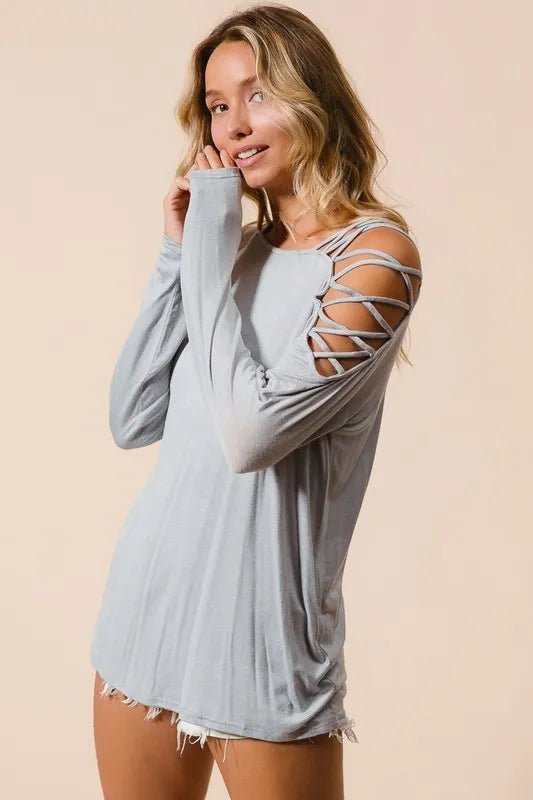 BiBi Jersey Knit One Shoulder Top with Criss Cross - Bitsy Gypsy Boutique