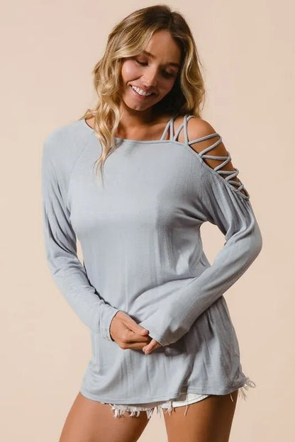 BiBi Jersey Knit One Shoulder Top with Criss Cross - Bitsy Gypsy Boutique