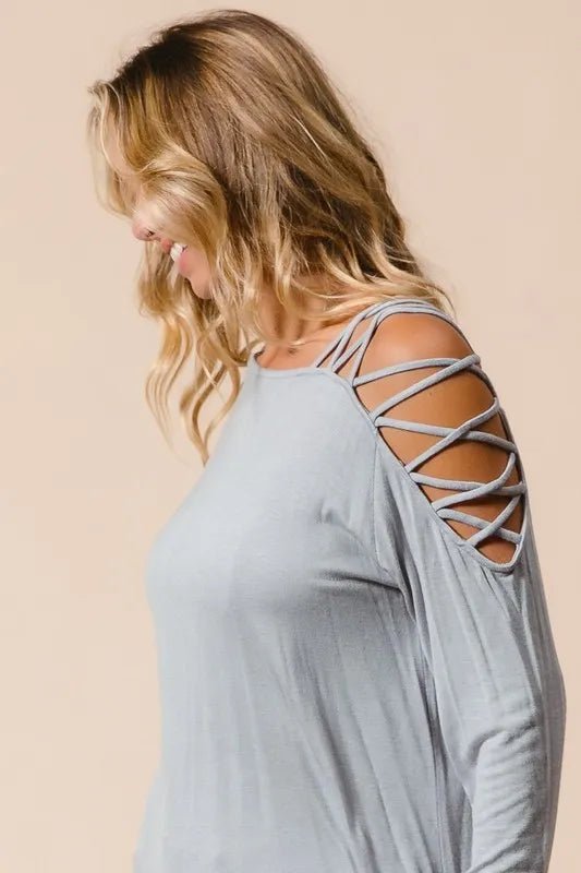 BiBi Jersey Knit One Shoulder Top with Criss Cross - Bitsy Gypsy Boutique