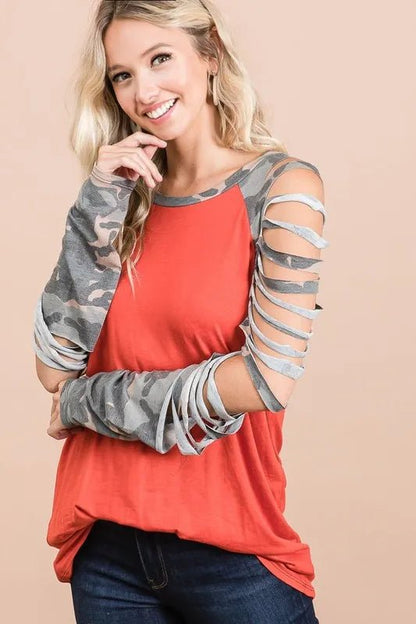 BiBi Jersey Knit Top with Camouflage Laser Cut Sleeves - Bitsy Gypsy Boutique