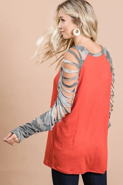 BiBi Jersey Knit Top with Camouflage Laser Cut Sleeves - Bitsy Gypsy Boutique