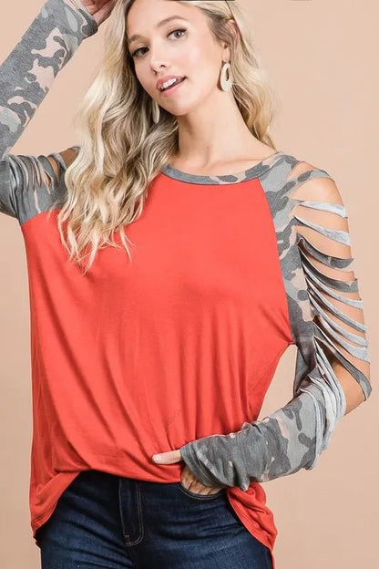 BiBi Jersey Knit Top with Camouflage Laser Cut Sleeves - Bitsy Gypsy Boutique