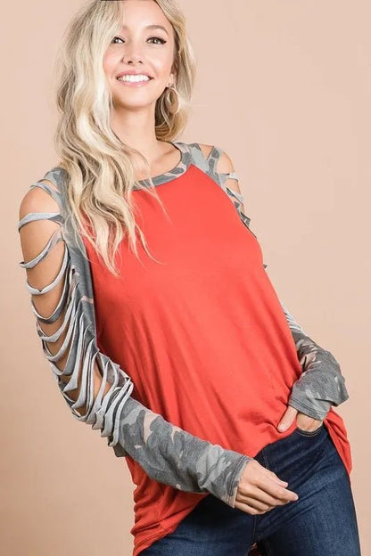 BiBi Jersey Knit Top with Camouflage Laser Cut Sleeves - Bitsy Gypsy Boutique
