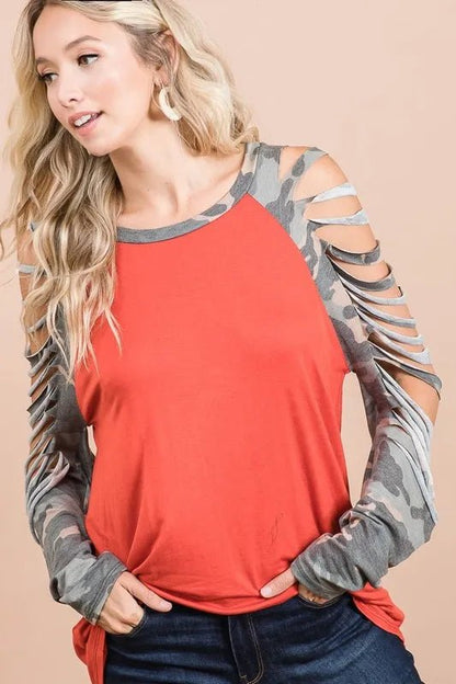 BiBi Jersey Knit Top with Camouflage Laser Cut Sleeves - Bitsy Gypsy Boutique