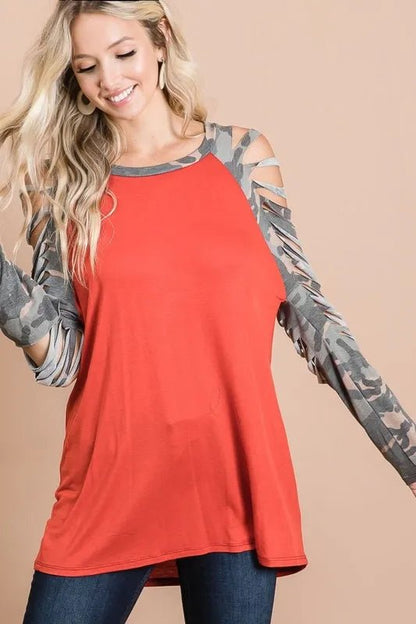 BiBi Jersey Knit Top with Camouflage Laser Cut Sleeves - Bitsy Gypsy Boutique