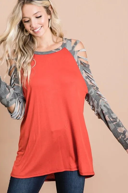 BiBi Jersey Knit Top with Camouflage Laser Cut Sleeves - Bitsy Gypsy Boutique