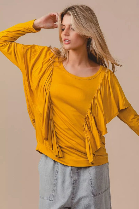 BiBi Jersey Knit Top With Cascade Shoulder Ruffle - Bitsy Gypsy Boutique