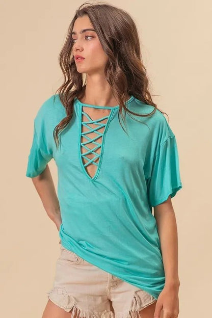 BiBi Jersey Knit Top with Criss Cross Front Neck Detail - Bitsy Gypsy Boutique