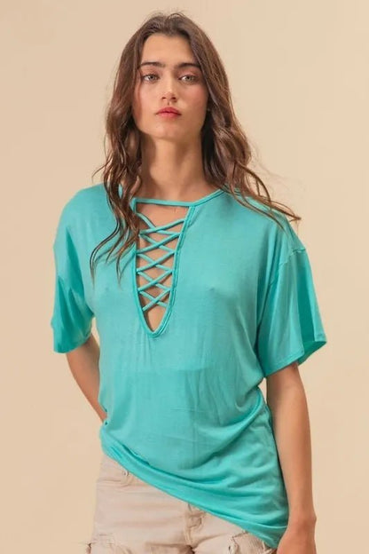 BiBi Jersey Knit Top with Criss Cross Front Neck Detail - Bitsy Gypsy Boutique