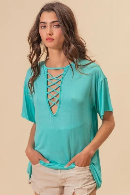 BiBi Jersey Knit Top with Criss Cross Front Neck Detail - Bitsy Gypsy Boutique