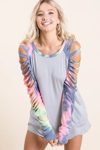 BiBi Jersey Knit Top with Tie Dye Laser Cut Sleeves - Bitsy Gypsy Boutique