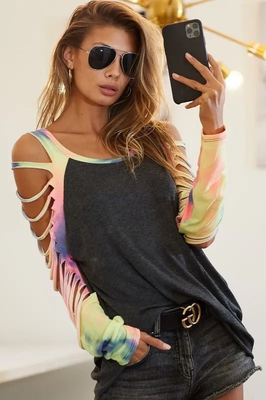 BiBi Jersey Knit Top with Tie Dye Laser Cut Sleeves - Bitsy Gypsy Boutique