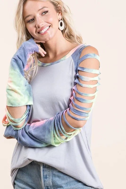 BiBi Jersey Knit Top with Tie Dye Laser Cut Sleeves - Bitsy Gypsy Boutique