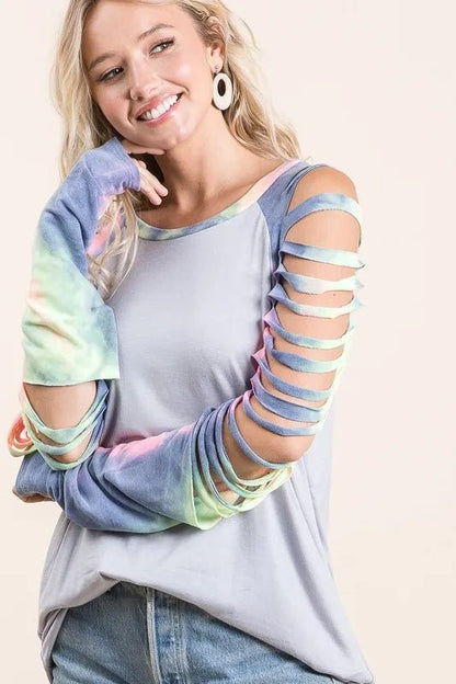 BiBi Jersey Knit Top with Tie Dye Laser Cut Sleeves - Bitsy Gypsy Boutique