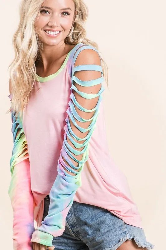 BiBi Jersey Knit Top with Tie Dye Laser Cut Sleeves - Bitsy Gypsy Boutique