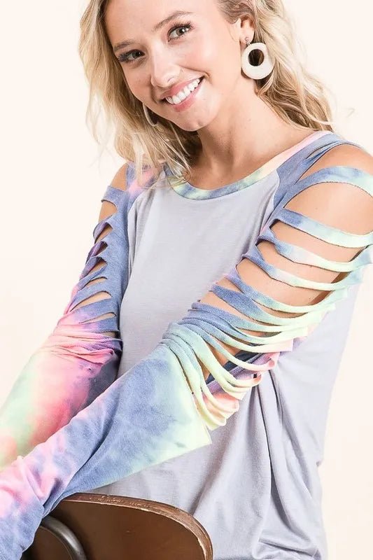 BiBi Jersey Knit Top with Tie Dye Laser Cut Sleeves - Bitsy Gypsy Boutique