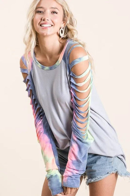 BiBi Jersey Knit Top with Tie Dye Laser Cut Sleeves - Bitsy Gypsy Boutique