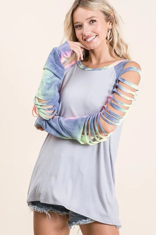 BiBi Jersey Knit Top with Tie Dye Laser Cut Sleeves - Bitsy Gypsy Boutique