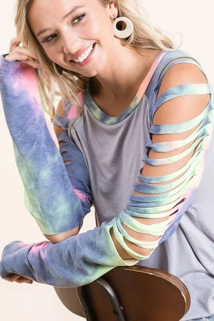 BiBi Jersey Knit Top with Tie Dye Laser Cut Sleeves - Bitsy Gypsy Boutique