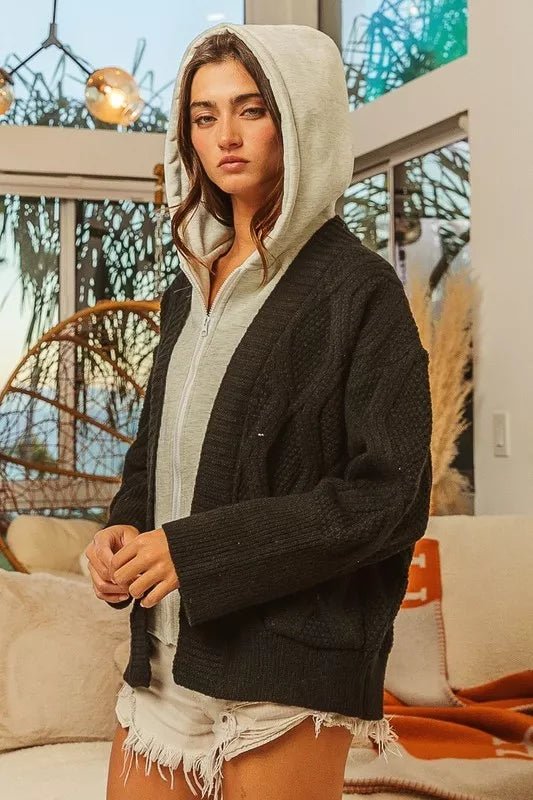BiBi Knit Hoodie Rhombus Sweater Jacket - Bitsy Gypsy Boutique