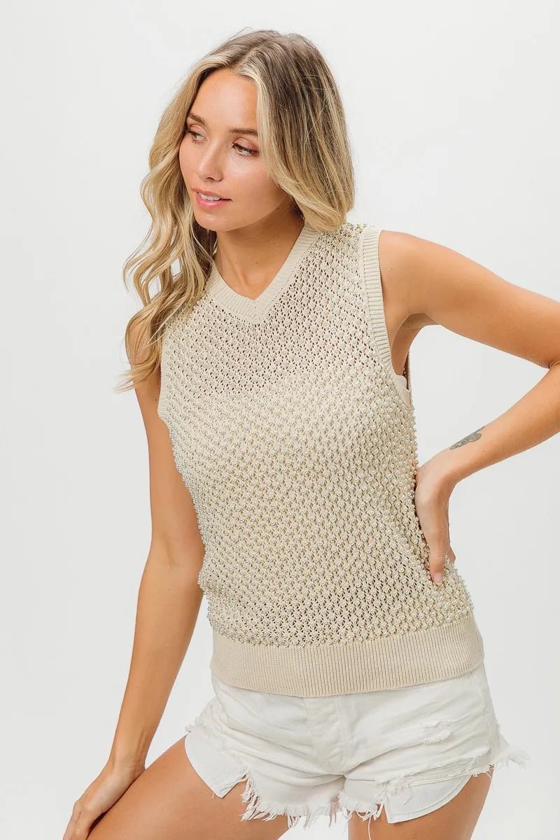 BiBi Knitted Beaded Pearl V Neck Sleveless Top - Bitsy Gypsy Boutique