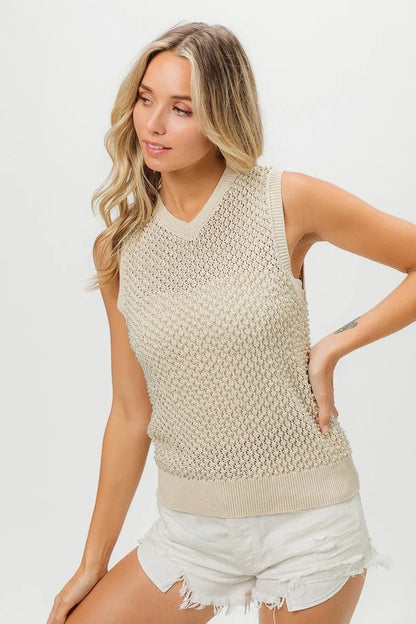 BiBi Knitted Beaded Pearl V Neck Sleveless Top - Bitsy Gypsy Boutique