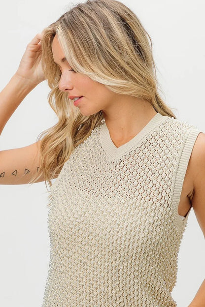 BiBi Knitted Beaded Pearl V Neck Sleveless Top - Bitsy Gypsy Boutique