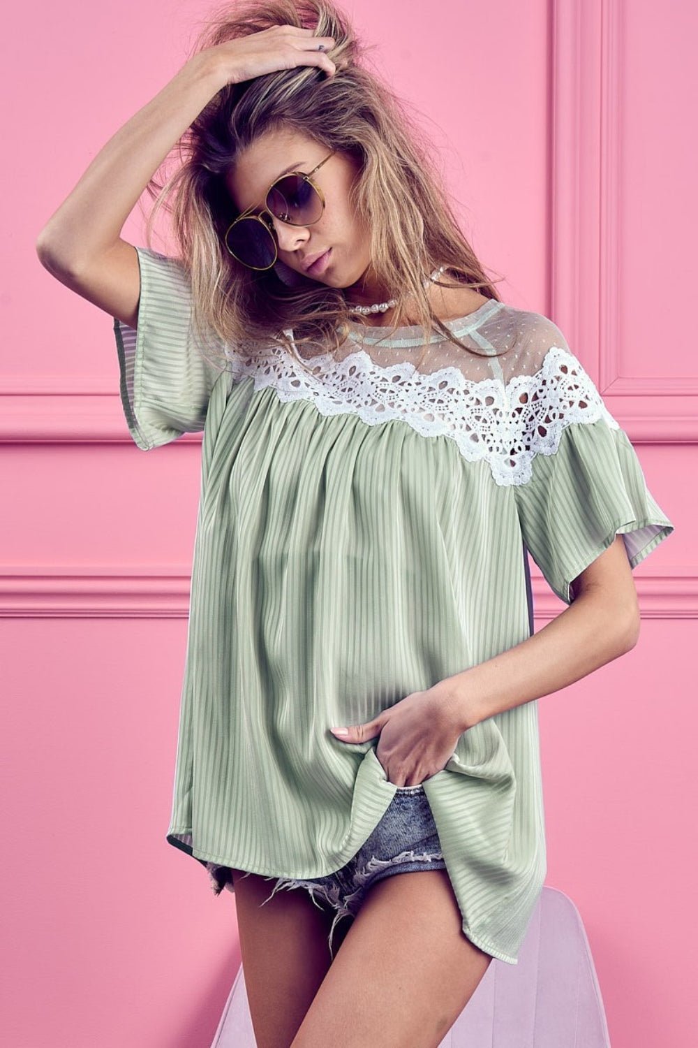 BiBi Lace Detail Short Sleeve Striped Blouse - Bitsy Gypsy Boutique