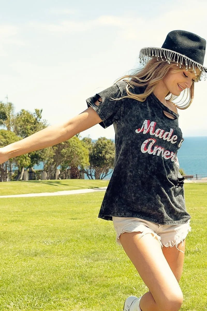 BiBi Laser Cut Mineral Washed America Print Top - Bitsy Gypsy Boutique