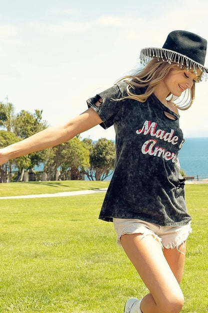 BiBi Laser Cut Mineral Washed America Print Top - Bitsy Gypsy Boutique