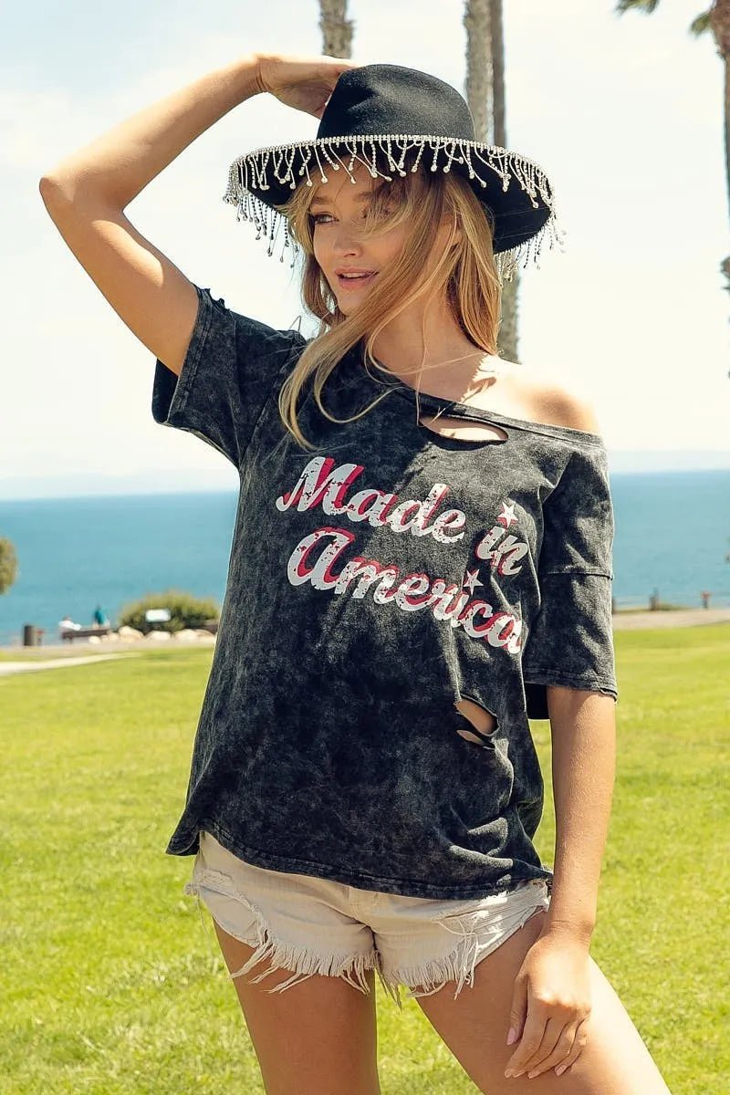 BiBi Laser Cut Mineral Washed America Print Top - Bitsy Gypsy Boutique