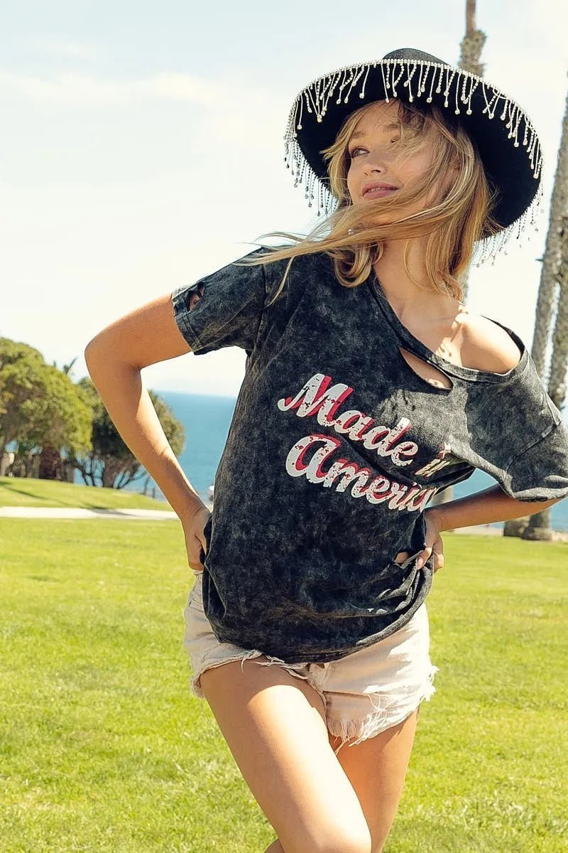 BiBi Laser Cut Mineral Washed America Print Top - Bitsy Gypsy Boutique