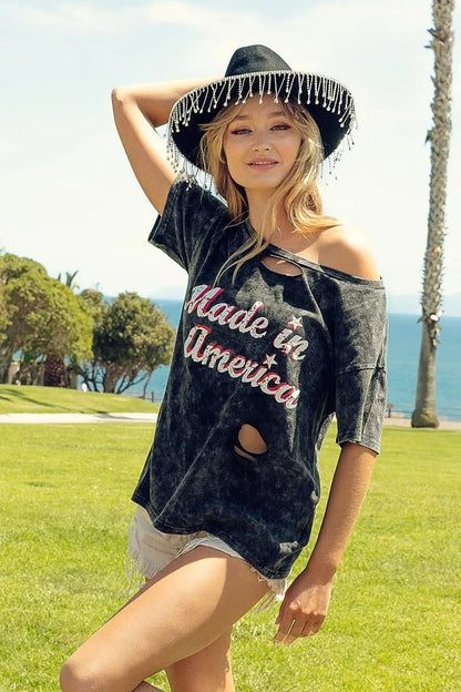 BiBi Laser Cut Mineral Washed America Print Top - Bitsy Gypsy Boutique