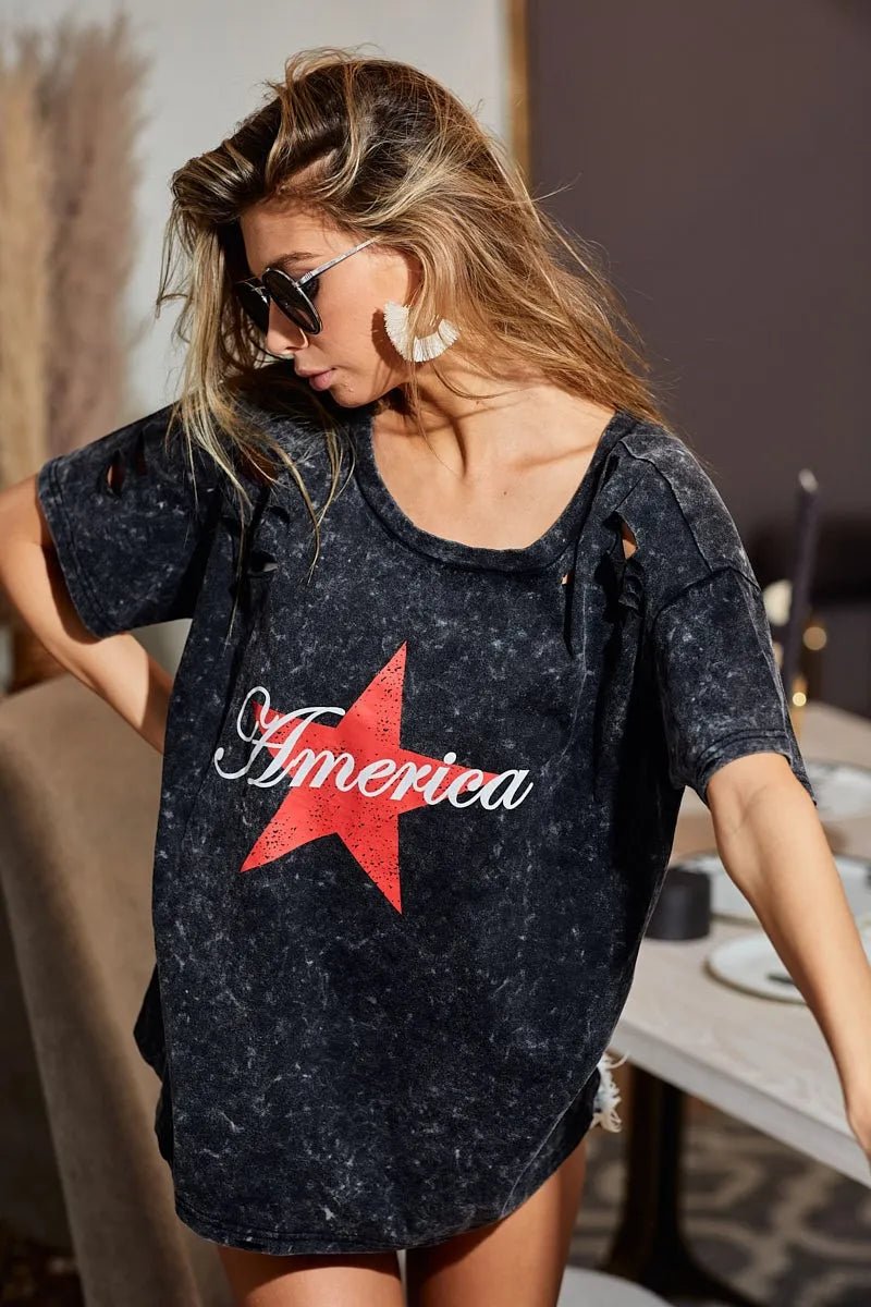 BiBi Laser Cut Mineral Washed Jersey Top with America - Bitsy Gypsy Boutique