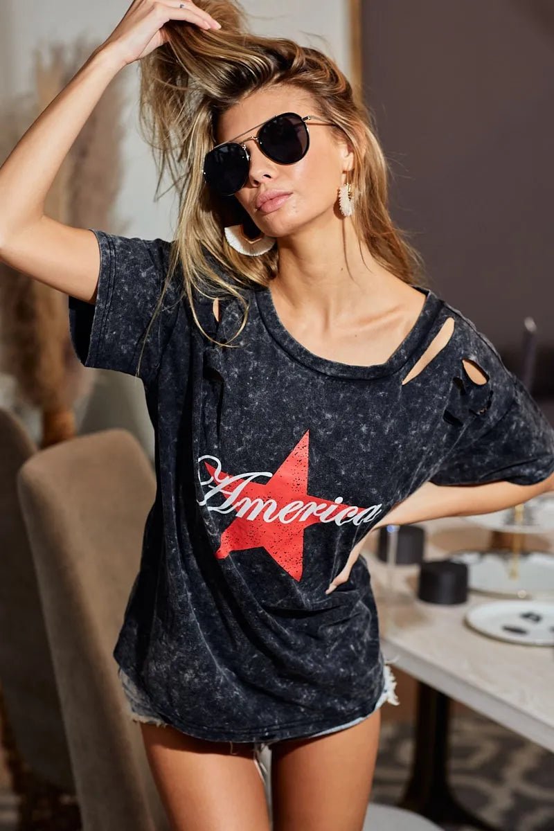 BiBi Laser Cut Mineral Washed Jersey Top with America - Bitsy Gypsy Boutique
