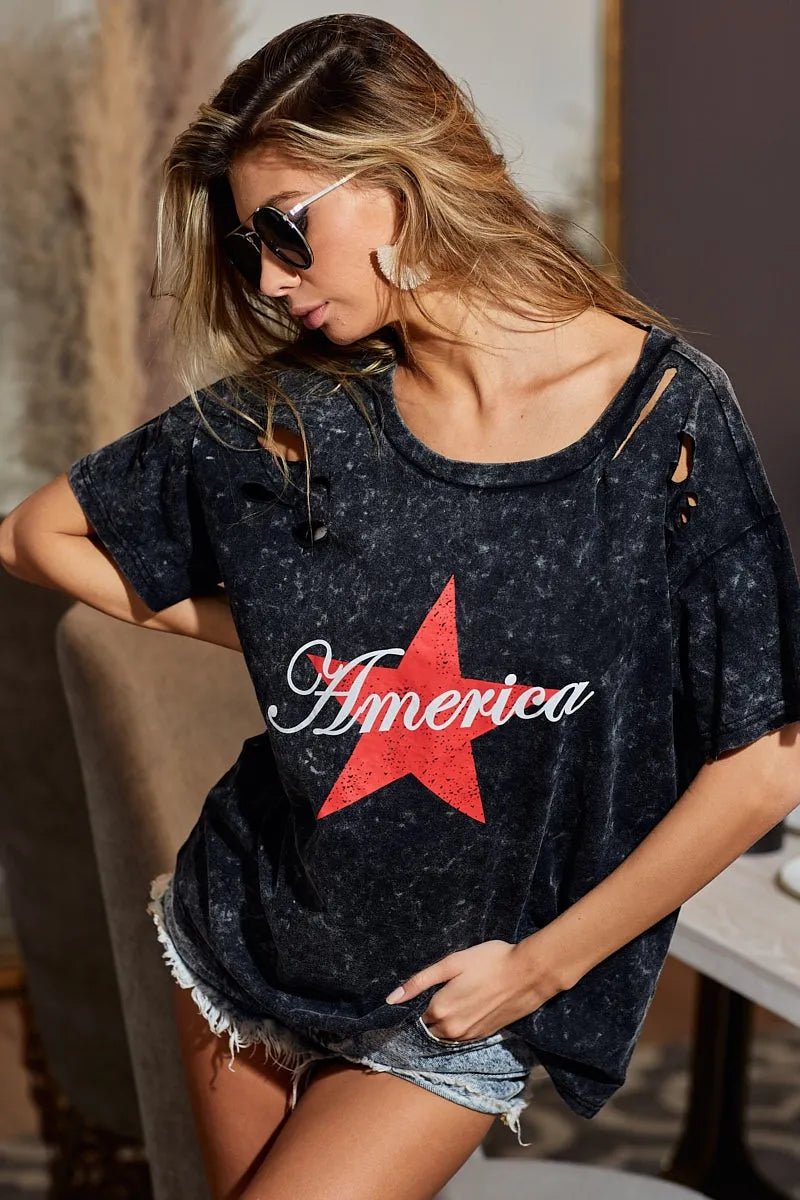 BiBi Laser Cut Mineral Washed Jersey Top with America - Bitsy Gypsy Boutique