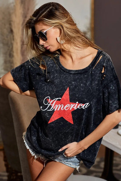 BiBi Laser Cut Mineral Washed Jersey Top with America - Bitsy Gypsy Boutique