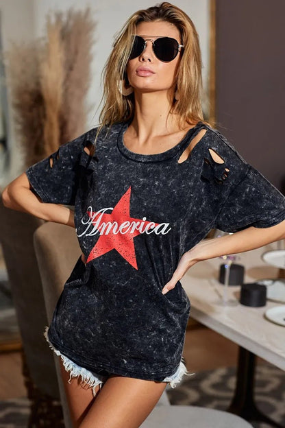 BiBi Laser Cut Mineral Washed Jersey Top with America - Bitsy Gypsy Boutique