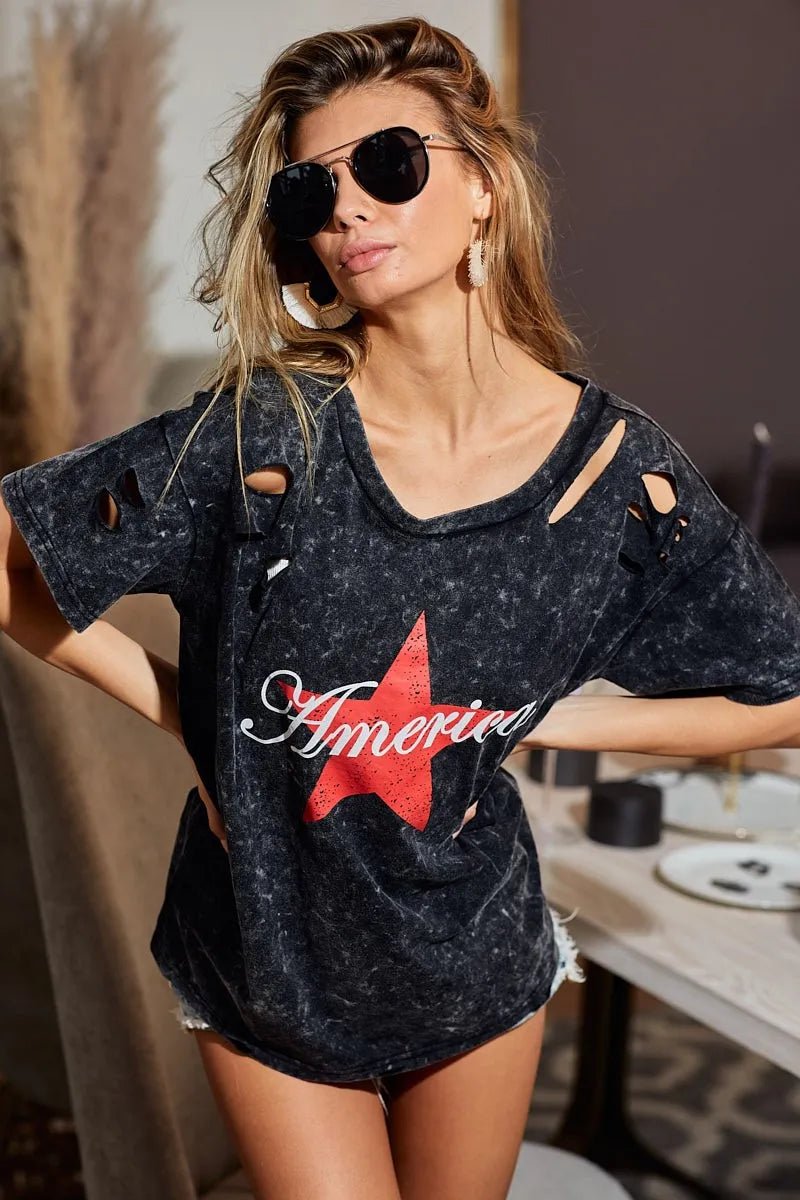 BiBi Laser Cut Mineral Washed Jersey Top with America - Bitsy Gypsy Boutique