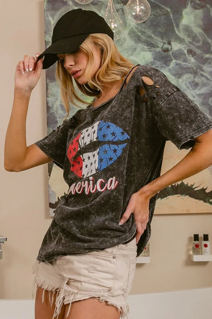 BiBi Laser Cut Mineral Washed Old Glory Lip Print Top - Bitsy Gypsy Boutique