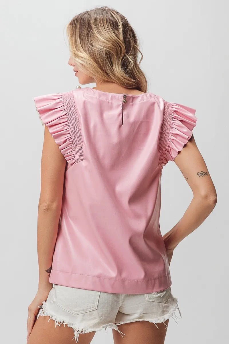 BiBi Leather Smocked Ruffled Top - Bitsy Gypsy Boutique