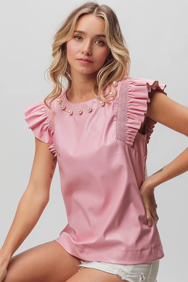 BiBi Leather Smocked Ruffled Top - Bitsy Gypsy Boutique