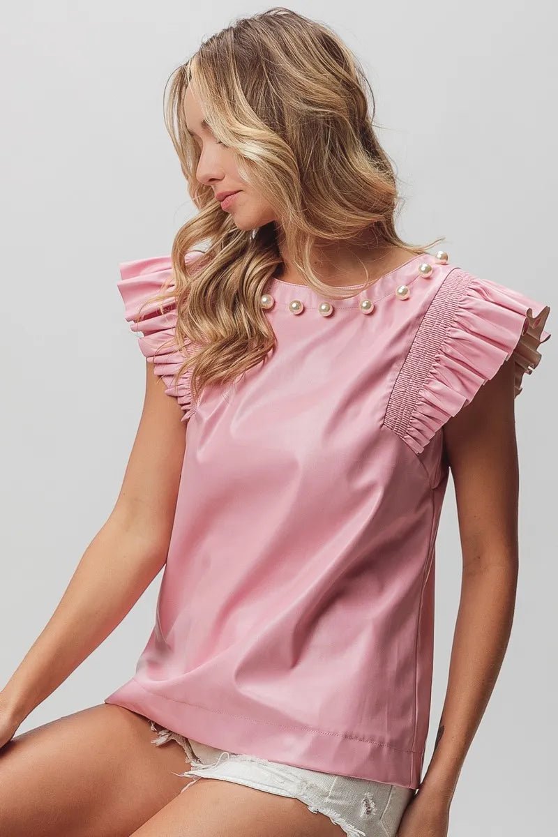 BiBi Leather Smocked Ruffled Top - Bitsy Gypsy Boutique