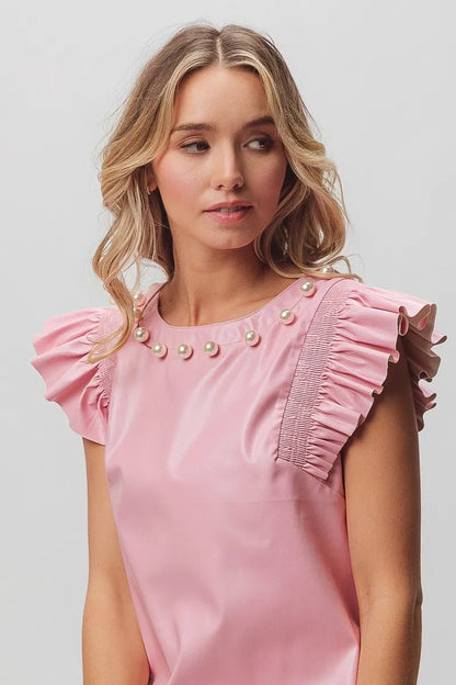 BiBi Leather Smocked Ruffled Top - Bitsy Gypsy Boutique