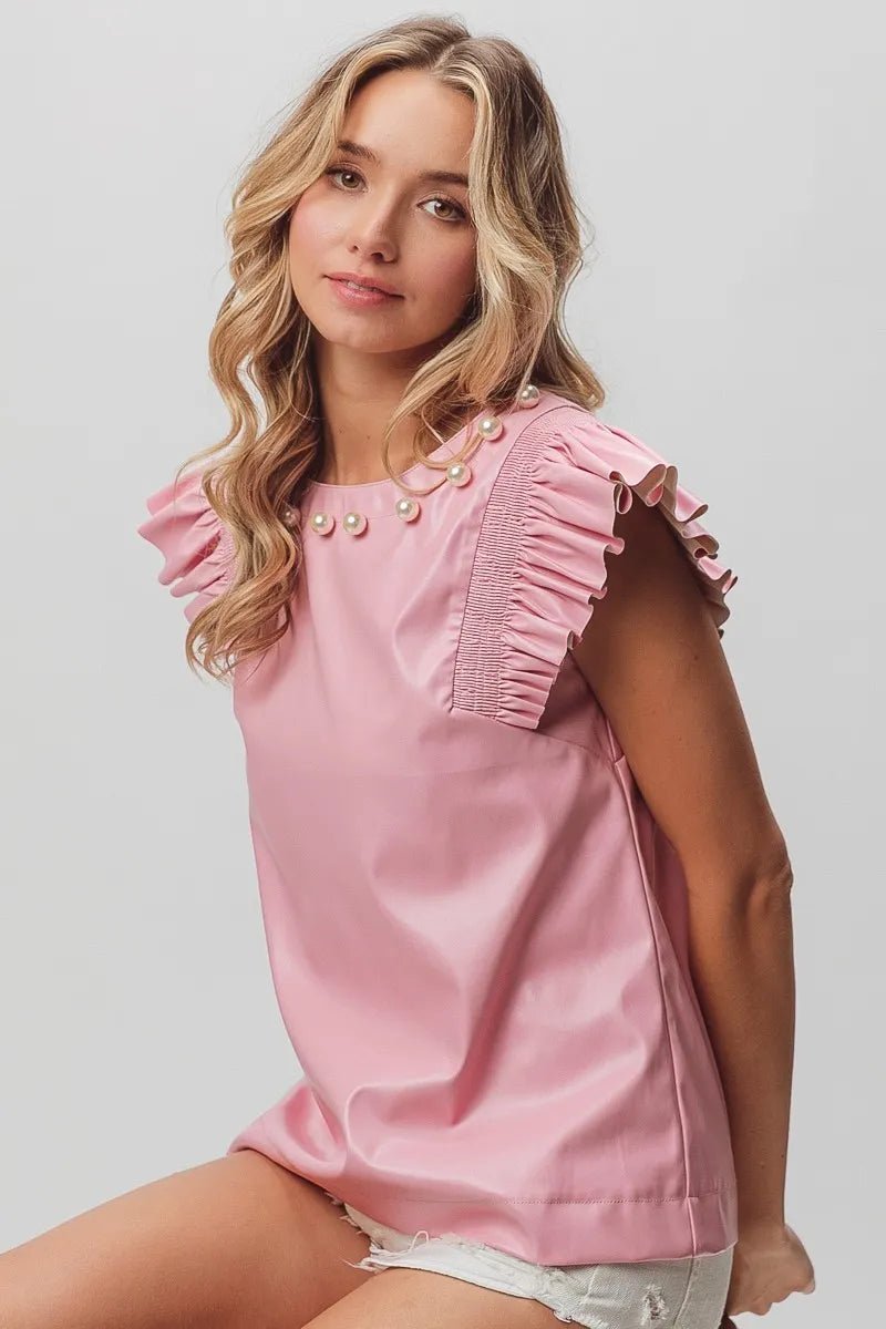 BiBi Leather Smocked Ruffled Top - Bitsy Gypsy Boutique