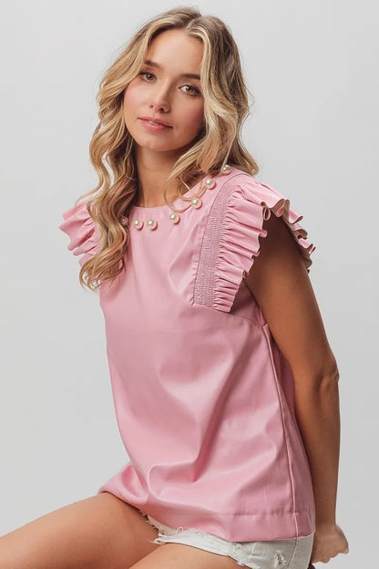 BiBi Leather Smocked Ruffled Top - Bitsy Gypsy Boutique