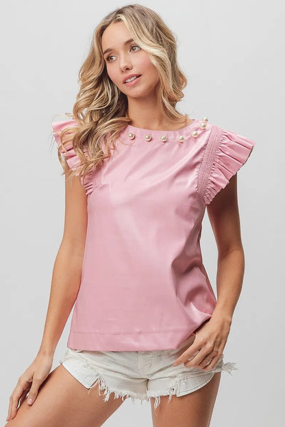 BiBi Leather Smocked Ruffled Top - Bitsy Gypsy Boutique