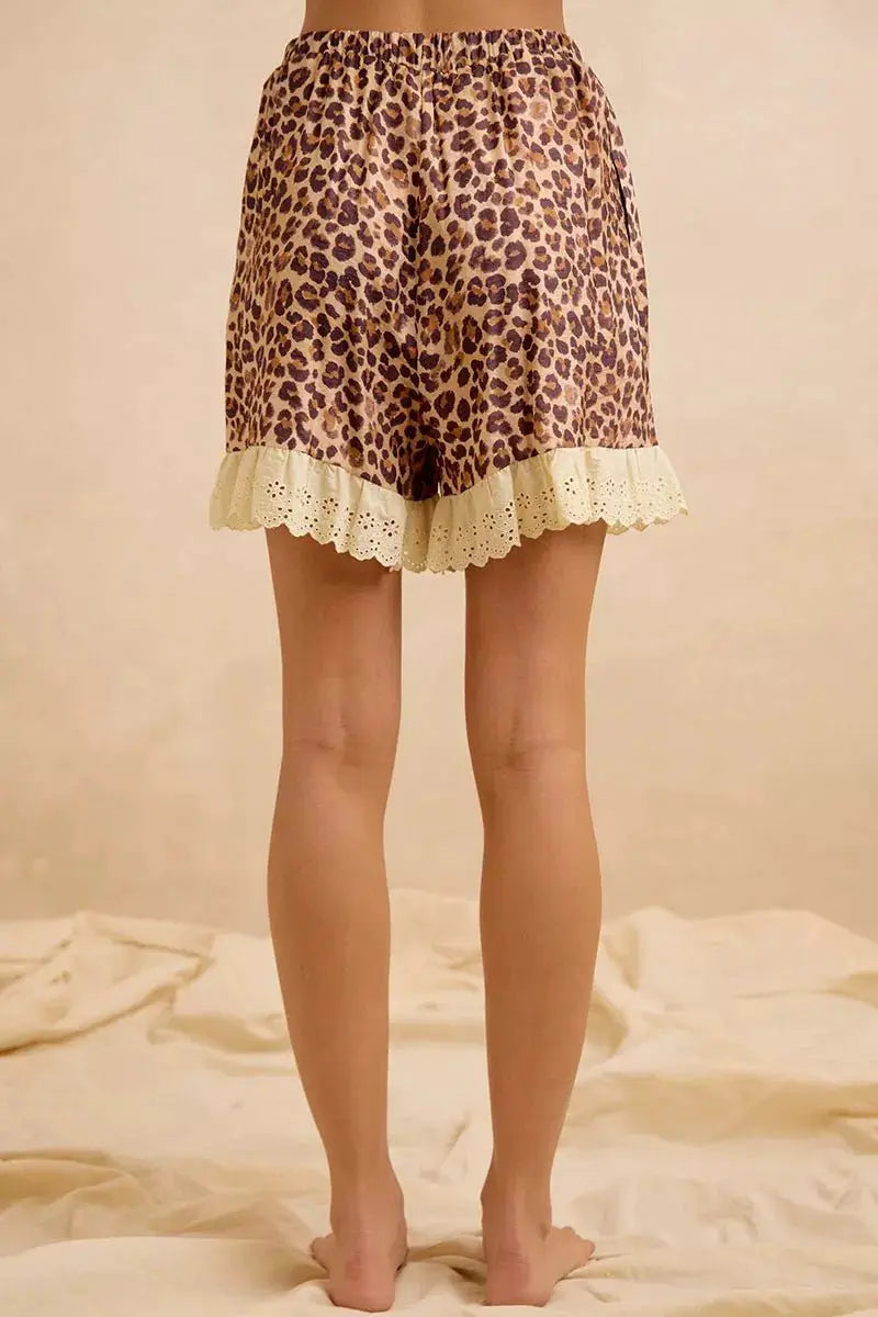 BiBi Leopard and Eyelet Lace Ruffled Top and Shorts Set by Trendsi