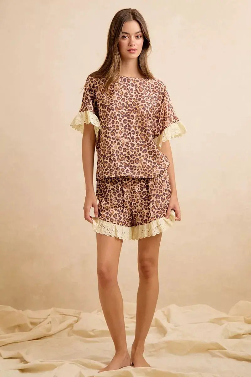 BiBi Leopard and Eyelet Lace Ruffled Top and Shorts Set by Trendsi