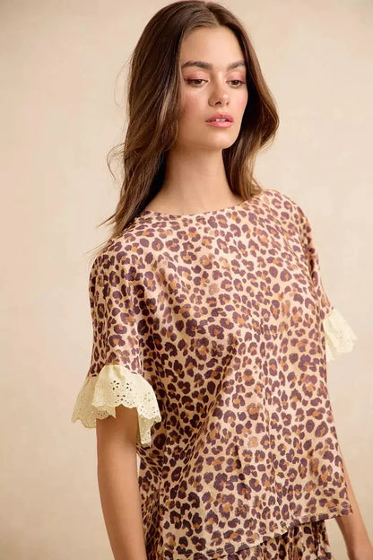BiBi Leopard and Eyelet Lace Ruffled Top and Shorts Set by Trendsi